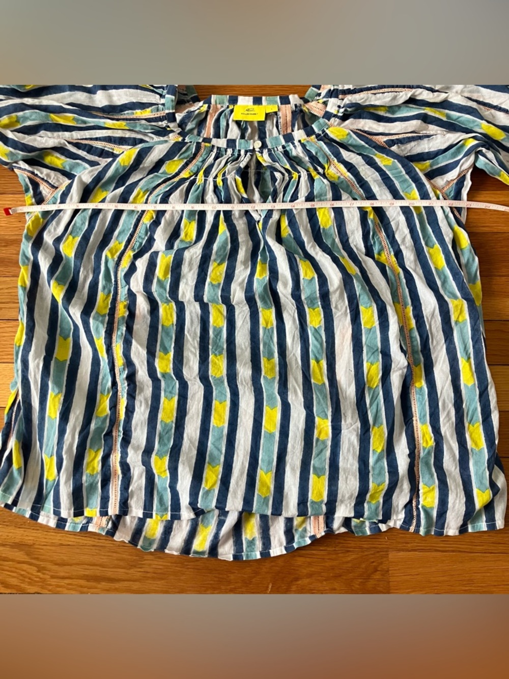 Roberta Roller Rabbit Blue Yellow Ikat Stripe Boho Cotton Blouse Large - Picture 6 of 7